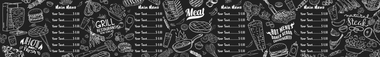 Hand-drawn meat illustrations. A striking, nostalgic restaurant menu with a black background. vector