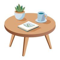 Stylized Illustration of a Coffee Table with Book Plant and Coffee Cup vector