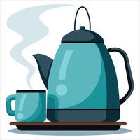 Stylized Teal Kettle and Mug with Rising Steam on a Tray vector