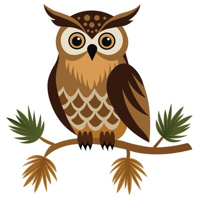 Cartoon Owl Perched on a Branch with Green and Brown Leaves