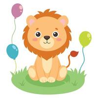 Cute Cartoon Lion Cub Sitting on Grass with Colorful Balloons Illustration vector