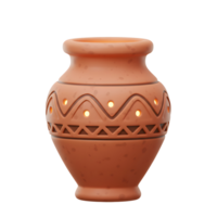 A terracotta pot with a geometric pattern and light emanating from within is shown, adding warmth to any indoor space. png