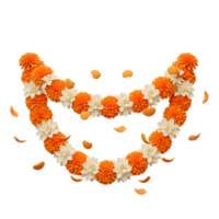 An orange and white flower garland is surrounded by petals, suggesting a decoration for a celebration or festive event. png