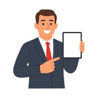 Simple Cartoon Style Businessman Presenting Blank Screen Tablet Device Illustration vector