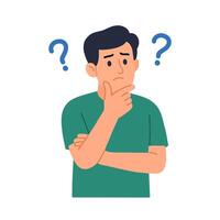 Flat Illustration of Pensive Young Man with Question Mark Symbol Character vector