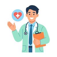 Modern Cartoon Style Doctor with Clipboard and Heart Icon Illustration vector
