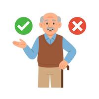 Flat Illustration Senior Man Presenting Check mark and Cross Sign Concept vector
