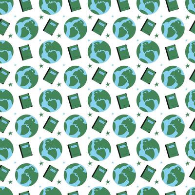 Seamless education pattern with globes, notebooks, and stars. Planets, school supplies, study