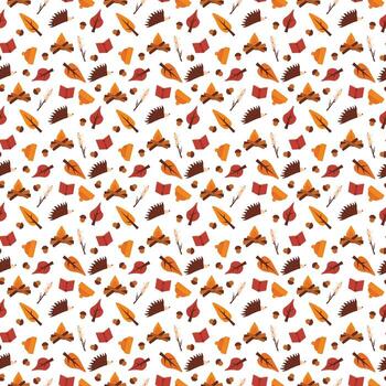 Seamless autumn pattern with campfire, hedgehog, trees, acorn and marshmallow on stick vector