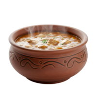 Wooden bowl with soup broth and floating ingredients inside png