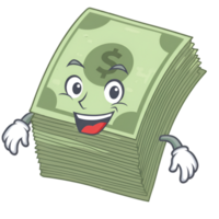 Green money bills with smiling cartoon face and cash design png