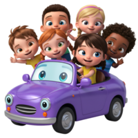 Purple toy car with cartoon figures and colorful design png