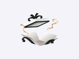 Open box with gold confetti isolated black ribbon on transparent white background vector
