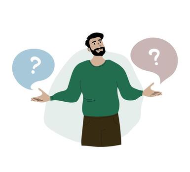 pensativo hombre haciendo un decisión, elegir Entre dos opciones, pregunta marcas en habla burbujas vector