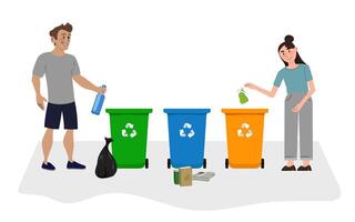 Volunteers Actively Sorting Recycling Bins Outdoors vector