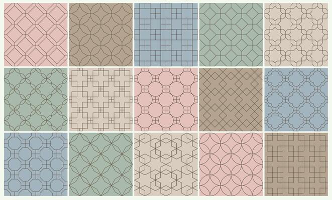 Collection of seamless geometric ornamental patterns. Tile oriental vintage backgrounds. Trendy pastel colors - delicate design. Endless fabric prints in retro style