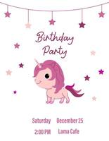 A greeting card or invitation with a cute unicorn on a white background. The template is suitable for creating postcards, posters, flyers or banners. vector