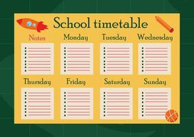 Weekly planner, a template for the resumption of school with a rocket, a ball, and a pencil. A design element for children. illustration in a flat style vector
