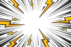 Comic cartoon background with lightning burst effect. Manga graphic with thunder power and abstract light effect. Energy explosion frame. Radial perspective monochrome motion lines. vector
