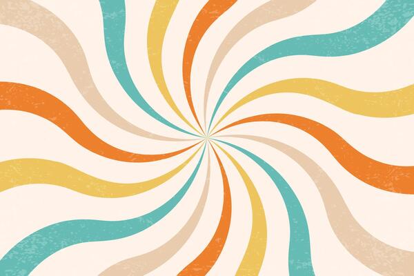 Retro spiral pattern with groovy sun beams. Radial swirl rays with grunge texture. Vintage abstract 70s design with vortex stripes. Summer backdrop with curved concentric lines.