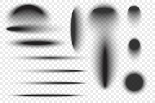 Circle shadows with blurred effect. Realistic oval black transparent drop shapes. Circular gradient shades on floor surface. Dark soft edge ellipses. vector