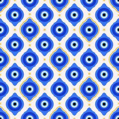 Evil eye seamless background. Greek and Turkish blue bead. magic pattern with ethnic nazar - symbol of protection and luck. Traditional ornament with energy amulet and spiritual talisman.