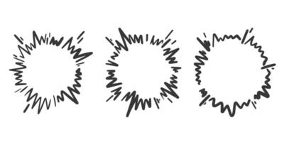 Cartoon explosion with sparks and splashes. Hand drawn sketch of circle frames. Comic boom effect. Radial graphic isolated on white background. Circle fight element vector