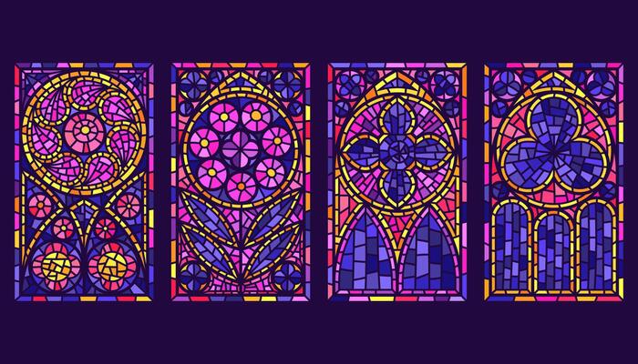 Church windows with gothic arch and colored stained glass. Cathedral frames with floral pattern. Medieval antique architecture with mosaic decoration and fantasy ornament