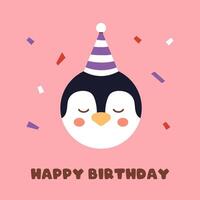 Funny cartoon penguin in party hat with confetti and happy birthday text. flat greeting card or poster for children celebration or festive decoration. vector