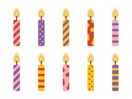collection of cute birthday candles in flat style. Bright candlelights with burning flames. Decorative candles set perfect for celebration greeting cards or party design. vector