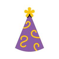 cute birthday party hat in flat design. Colorful cone cap with fun patterns. Festive cartoon illustration for celebration and holiday greeting decoration. vector