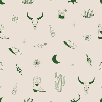 Wild west, western seamless pattern. Cowboy boot, hat, bull animal skull, snakes, cactus, beer, whiskey. Hand drawn illustration