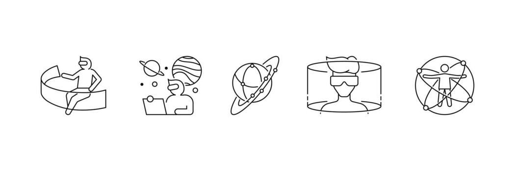 Set of VR Virtual Reality icon collection. Metaverse, Augmented Reality, Virtual Worlds, and Digital Interaction symbol. vector