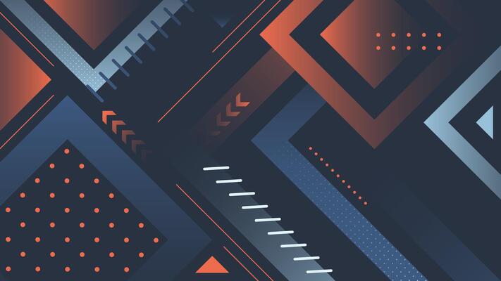 Dynamic abstract background featuring geometric shapes, lines, dots, and arrows in blue and orange tones perfect for modern design, digital art, and creative projects
