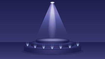 Stylish purple stage podium background featuring central spotlight and glowing lights perfect for product display, events, presentations, and elegant advertising scenes in modern design. vector