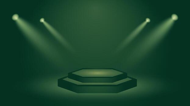 Modern green hexagon podium background illuminated by spotlights perfect for product display, events, presentations, and stylish advertising designs in a clean and elegant scene. vector
