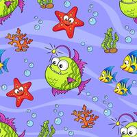 Seamless pattern with cute cartoon sea animals. Monkfish, fish, starfish on light blue background vector
