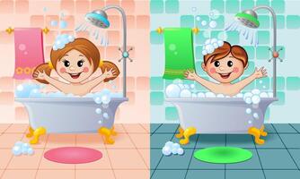 Kids enjoying bath time in colorful tubs vector