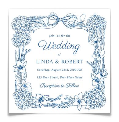Wedding Invitation Card with Floral Frame and Bow