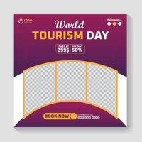 Travel tour promotion banner travelling business social media post or tourism marketing square flyer template vector