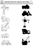 Construction site black and white shadow matching activity with special transport, vehicles. Building works line puzzle, coloring page. Find correct silhouette printable worksheet or game for kids vector