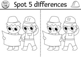 Find differences black and white game for children. Construction site educational activity with boy engineers. Puzzle for kids with worker. Printable worksheet, coloring page for logic skills vector