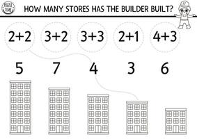 Match the numbers black and white construction site game with builder. Math activity, coloring page for kids with worker. Educational counting worksheet. How many stores in house vector