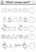 What comes next. Construction site black and white logical activity with hard hat, tools. Building works, repair service logic succession worksheet. Continue the row game, coloring page vector
