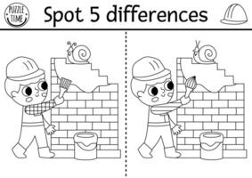 Find differences black and white game for children. Construction site educational activity with boy painting brick wall. Cute puzzle for kids with worker. Printable worksheet, coloring page vector