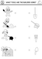 Construction site black and white shadow matching activity with builders, tools. Building works line puzzle. Match silhouette game, printable worksheet. Repair service match up coloring page vector