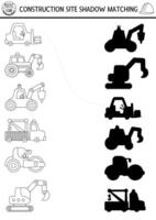 Construction site black and white shadow matching activity with special transport. Building works line puzzle, coloring page with excavator, bulldozer. Find correct silhouette printable worksheet vector
