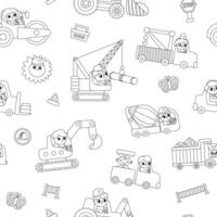 black and white special transport seamless pattern with drivers. Construction site, road work, building line transport repeat background with bulldozer. Cute repair service vehicles texture vector