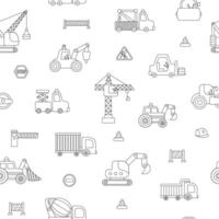 black and white special transport seamless pattern. Construction site, road work, building transport line repeat background with bulldozer, tractor, truck. Digital paper with vehicles vector