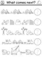 What comes next. Construction site black and white logical activity for kids with bulldozer, crane, excavator. Building works logic succession worksheet. Continue the row game, coloring page vector